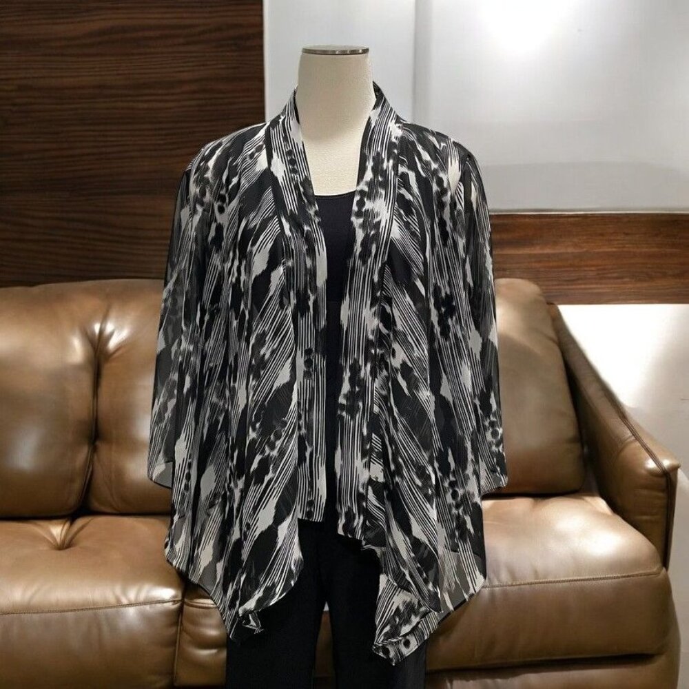 Allison Taylor B/W Sheer Open Front Kimono‎ Cardigan Boho Chic Abstract Print L